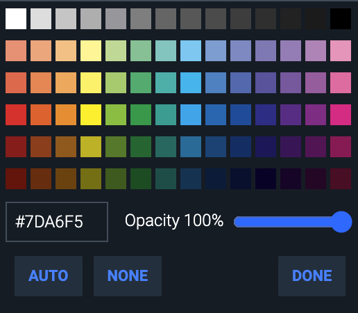 Color picker with hex code and opacity slider.